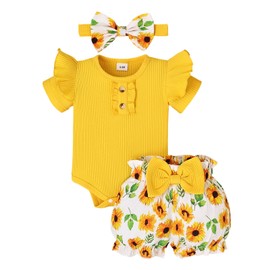 3-6 Month Girl Clothes Baby Summer Outfits Ruffle Sleeve Romper Infant Flower Butterfly Shorts Set with Bow Headband Yellow