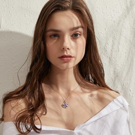 jiamiaoi 18K White Gold Plated Rose Necklace Silver Women's Pink Pendant 925 Sterling Silver Chain with 12 Months Birthstone 925 Silver Chain Women's Necklace with Pendant for Lovers, Cubic Zirconia