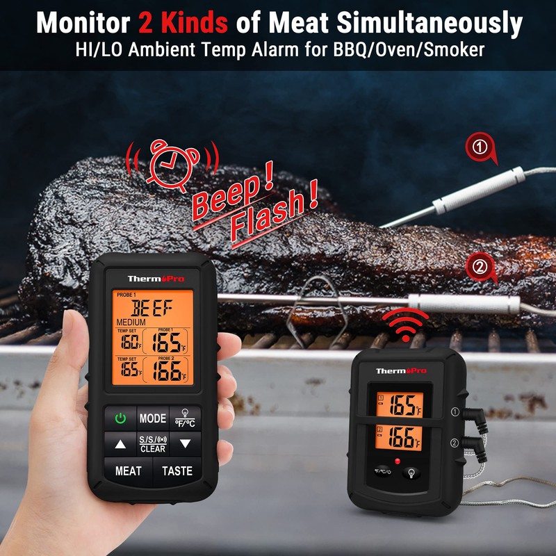 ThermoPro TP20B Black 500FT Wireless Meat Thermometer with Dual Meat
