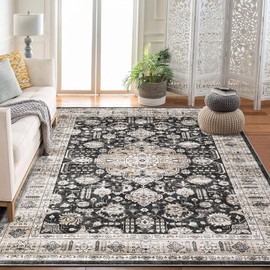 MilleLoom Boho Area Rug 10x13 Large Living Room Rug Washable Rug Non Slip Vintage Bedroom Rug Indoor Soft Boho Rug Oriental Low Pile Accent Rug Traditional Foldable Throw Carpet for Dining Room Black