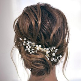 Pearl Bridal Hair Clips with Floral Comb - Adjustable Crystal Wedding Hairpins for Brides, Vintage Rhinestone Headpiece for Women's Updo, Side Hair Accessories for Parties & Special Occasions(gold)