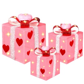 Colingmill 3 Pieces Pink Lighted Gift Boxes Christmas Decorations Pre-lit 60 LED Light Up Present Boxes Ornament 6, 8, 10'' Square Boxes with Pink Heart for Christmas Valentine's Day Home Yard Decor
