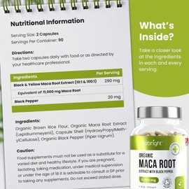 Black Maca Root Capsules | Extra Strength | 180 Capsules | Men's & Women's Health Supplement | 11,000mg Peruvian Maca Root Powder Equivalent | VitaBright Premium Maca Extract