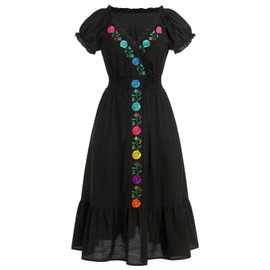 ABEHIK Mexican Embroidered Dress for Women Long Maxi Dress Traditional Summer V-Neck Short Puff Sleeve Lace Dresses Cinco De Mayo Fiesta Outfit Wedding Party Dress Black L