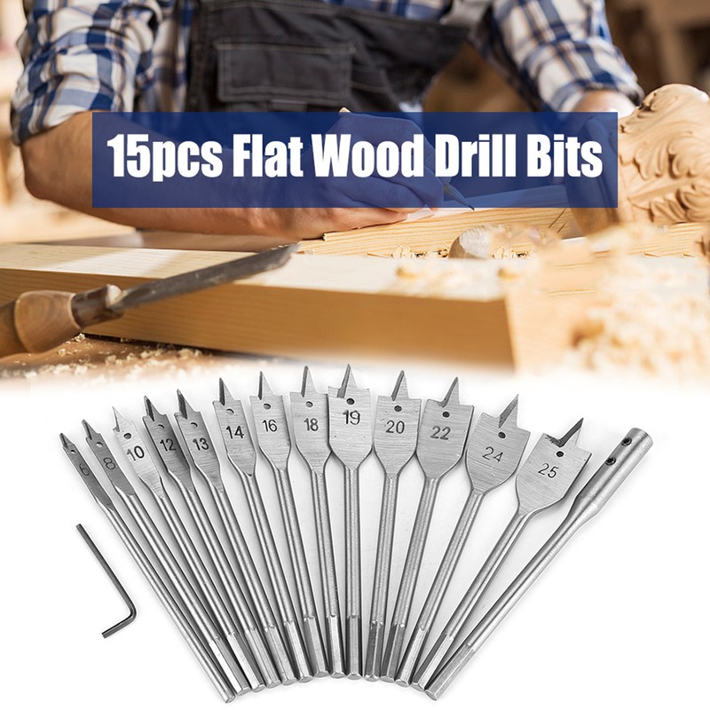 15pcs Carbon Steel Hex Shank Spade Flat Wood Drill Bit