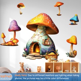 VePret Watercolor Mushroom House Wall Decals Peel and Stick, Large Colorful Cartoon Wall Stickers & Murals, Removable Vinyl Home Decor Art for Girls Bedroom Baby Nursery Daycare