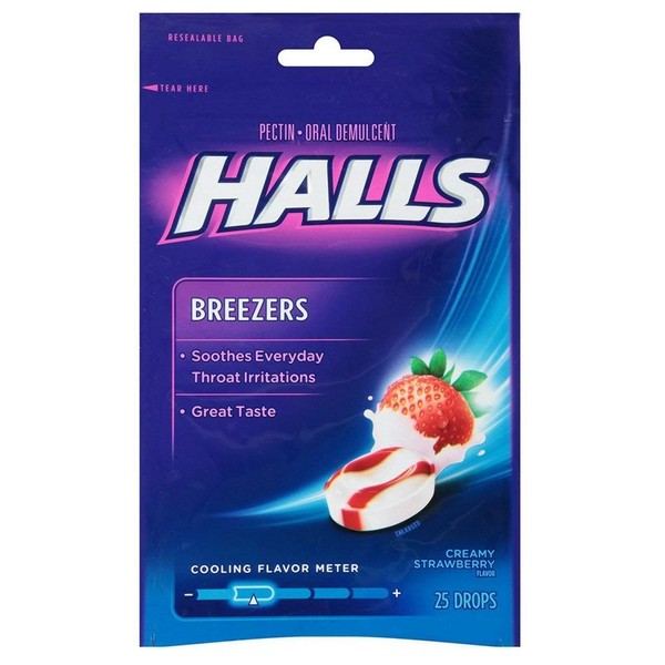 Halls Breezers Drops Cool Creamy Strawberry 25 ea (Pack of 12)