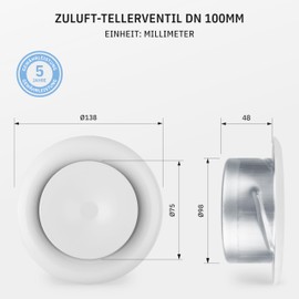 Klimapartner TVSZ 100 - Round White Steel Adjustable Air Valve Grill Supply (RAL9016)
