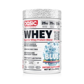 Basic SUPPLEMENTS Whey Protein Powder, 25g Protein, Complete Amino Acid Profile, Gluten-Free, Low Fat, RBST-Free, Supports Muscle Recovery & Antibody Health (5 Pound, Blue Marshmallow)