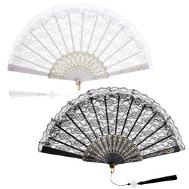 Jmkcoz Lace Handheld Folding Fan Embroidered Flower Bridal Hand Fan Chinese Japanese Vintage Fan for 1920s Costume Wedding Dancing Tea Party (2, Black White)
