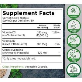 Why Not Natural Why Not Natural Organic Vitamin D3 K2 (MK-7) with Spirulina, 10000IU 60Caps