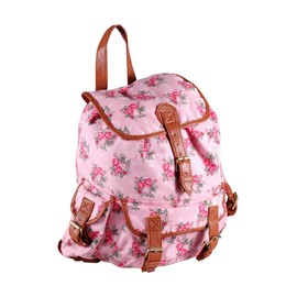 Eye Catch New Womens Canvas Faux Leather Rucksack Ladies Backpack Roses Pink