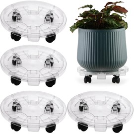 KvyusFlourish 4 Packs 10.2 inches Small Clear Plant Caddy Plant Saucers on Wheels Rolling Plant Stands Heavy-duty Plant Dolly Plastic Planter Roller Base Pot Movers Outdoor Plant Tray Coaster
