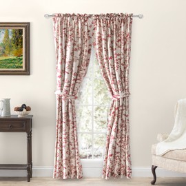 Ricardo | Waverly Gardens Tailored Panel Pair w/Tiebacks | 54" L X 42" W per Panel | Garnet | Farmhouse Curtains | Light-Filtering | Leaf Design | Soft Cotton | Livingroom Drapes | Machine Washable