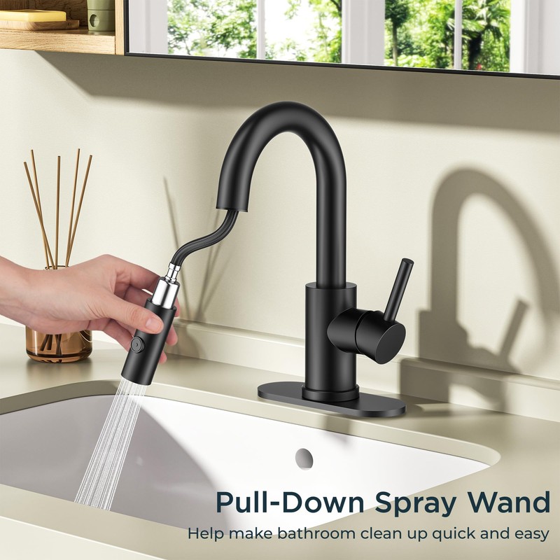 FORIOUS Matte Black Bathroom Faucet with Pull Down Sprayer, Single