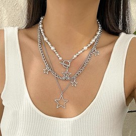 Women Y2k Star Silver Necklace Grunge Layered Necklace Cute Aesthetic Stack Toggle Chain Necklaces Gothic Vintage Emo Jewelry Set (3pc Silver)