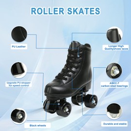 jessie PU Leather Roller Skates Roller Skates for Women Outdoor and Indoor Adjustable Four-Wheel Premium Roller Skates for Women Men Boys and Girls (Black Wheel,Youth 3.5)