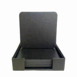 YUESUO Double-Sided Leather Coasters Set of 6 Pieces, Round Coasters for Drinks, Durable Non-Slip Insulative Waterproof Coasters Suitable for Regular Size Cups, Coffee Cups (Black-Square)