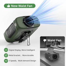 LOUISWARE Portable Waist Fan 10000mAh Belt Fan 18000RPM Clip Fan With Max 24H Working Time 5 Speeds adjustment with LED flashlight & Charging display Cooling for Outdoor Camping Travel