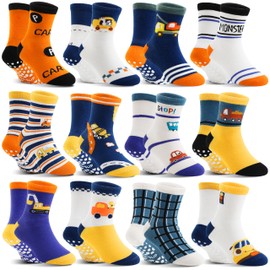 Baby Boys Toddlers Grips Socks Kids Non Skid Anti Slip Fun Cotton Gift Infant Crew Socks 12 Pairs Stocking Stuffers(Orange Car, 9-14 Years)