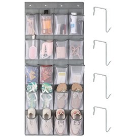 F-color Hanging Organizer - Over the Door Shoe Organizer - Cruise Essentials for Cabin, 20 Breathable Mesh Pockets, Space Saving Hanging Storage Holder with 4 Packs Over-the-Door Metal Hooks, Grey