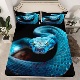 Blue Snake Bedding Set Twin Size 3D Snake Printed Bed Set for Girls Teens Bedroom Decor Kids Exotic Wild Animal Fitted Sheet Microfiber Reptile Tropical Theme Bed Cover(1 Fitted Sheet+1 Pillow Case)