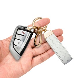 Genuine Leather Car Keychain with 2 Key Rings,Car Fob Key Keychain Holder with 360 Degree Rotatable Snap Swivel and Anti-Lost D-Ring for Men Women