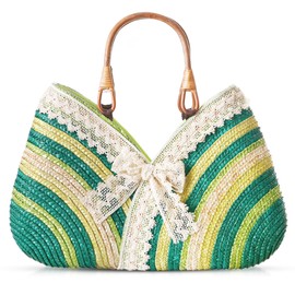 QTKJ Beach Bag, Tote Bag for Women, Lace Bow Handmade Straw Bag, Bamboo Carrying Handle, Handbag Suitable for Vacation Travel Daily Matching(Green)
