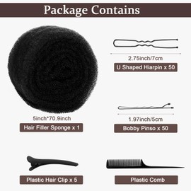 Hair Bumps for Volume Insert, Hair Sponge for Updo - Hair Mesh Filling Padding for Women - Bobby Pins - U Shape Hair Pin, Comb and Plastic Clips, Black