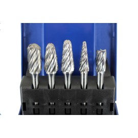 TEMO 5 pc NF Aluminum Cut Carbide Rotary Burr File Set, 1/2 Inch and 3/8 Inch Head, 1/4 Inch Diameter 2 Inch Long Shank
