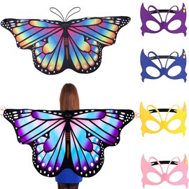 6 Butterfly Costume Children's Set, 2 Butterfly Wings Children + 4 Butterfly Face Covers, Colourful Pixie Cape for Girls, Butterfly Costume for Carnival, Dance, Festivals, and Parties