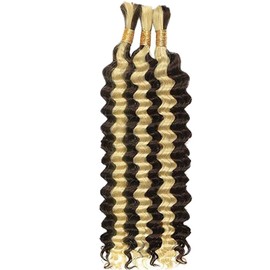 Hxxcoup Human Braiding Hair for Boho Braids, Deep Wave, Bulk Total 150 g, 3 Bundles, 18 18 18 Inches, Human Hair Extension, Unprocessed, No Weft, P4/613, Highlight Blonde for Women