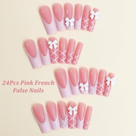24pcs Long Coffin False Nails - Pink French Tip Press On Nails Square - Artificial Fake Nails White Bow & Pearl Designs - Full Cover Stick on nails with Glue for Women Girls Nail Art