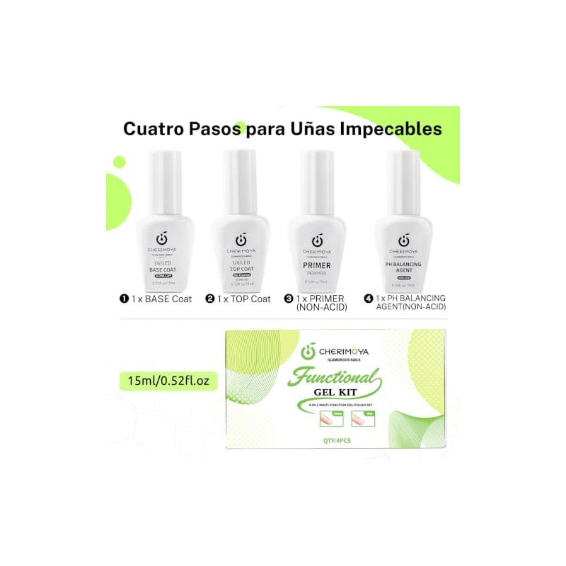 Cherimoya Juego Deshidratador de Primer para Uñas 4 Piezas 15ml