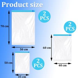 Pack of 6 Vacuum Compression Storage Bags, Travel Compression Bags for Rolling, 2 Jumbo 50 x 70 cm + 2 Large 40 x 60 cm + 2 Small 50 x 35 cm, Transparent, Reusable Clothes Bags
