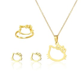 EIR 4-Piece Jewellery Set, Women's Necklace, Ring, Earring, Necklace Set, Kawaii Kitten Pendant Necklace, Jewellery, Gifts for Women, yellow