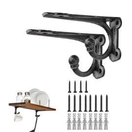 Shelf Brackets 4 Inch 2 Pack, Cast Iron Shelf Brackets for Wall Shelving, Rustic Shelf Brackets with Hooks Black, Heavy Duty Floating Shelf Bracket Wall Mounted