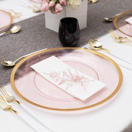 Blue Sky Pink Charger Plates With Gold Rim 4 Pack - 13" Round Disposable & Reusable Plastic Chargers for Weddings, Events & Home Décor