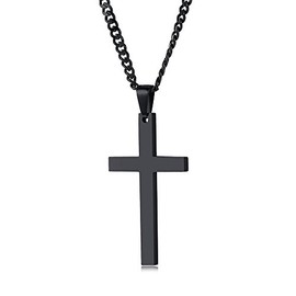 FOSIR Stainless Steel Black Cross Necklace for Men Women, 22-24inch Polished Curb Chain