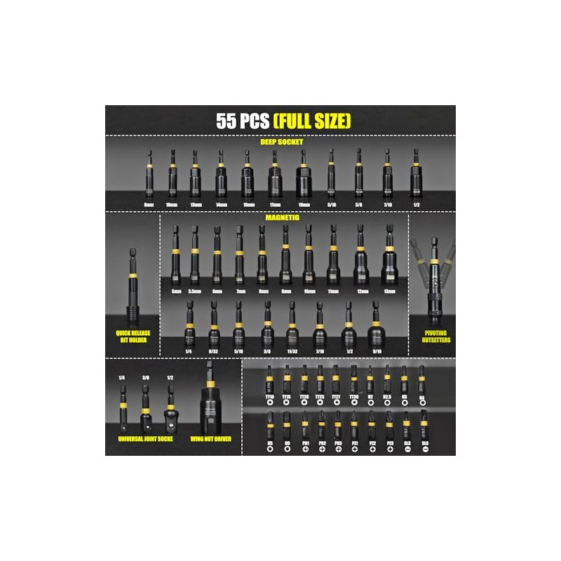 Facoow 55PCS Impact Nut Driver Set Magnetic, SAE&Metric Nut Drivers,