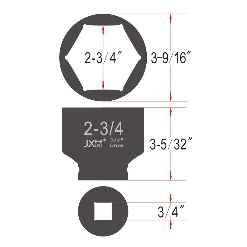 JXHONG 3/4" Drive 2-3/4" (70mm) Impact Socket, 6-Point, Heat Treated