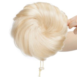 SEGO Human Hair Scrunchies Buns Updo Hair Pieces 100% Real Remy [#60 Platinum Blonde] One Piece Hair Extension Messy Chignon for Women Drawstring Ponytail Curly Wavy (30g)