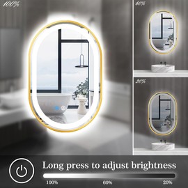 TiliKuly 20 x 32 Inch Gold Oval LED Vanity Mirror with Lights Smart Memory 3 Color Dimmable Anti-Fog 32 Inch Gold Frame Oval Lighted Mirror for Bathroom Wall LED Ovals Mirror with Lights Golden Frame