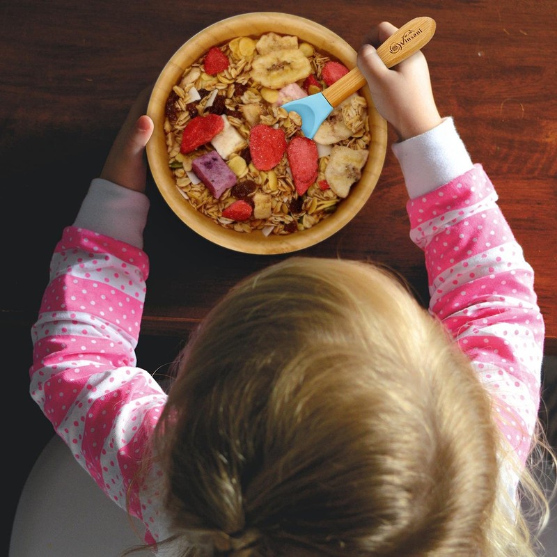 Vinsani Bamboo Bowl and Spoon Set for Baby/Toddler, Suction Plate,