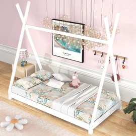 Wood Montessori Floor Bed Frame Twin Size, Twin Floor Bed with Slats and Triangle Structure, Kids Floor Bed Twin Size/Montessori Bed for Kids, Girls, Boys, Twin Bed Frame Whit