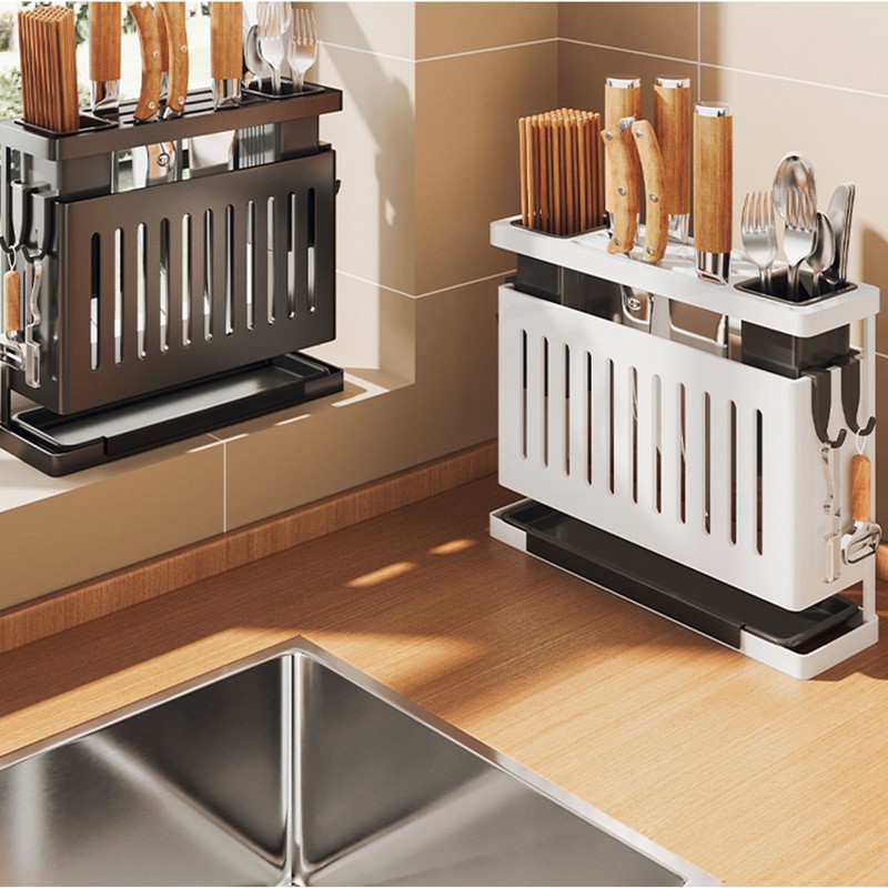 Kitchen Knives Chopstick Rack with Draining Tray Wall Mounted Multifunctional