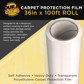 Dura-Gold Carpet Protection Film, 36-inch x 100-foot Roll, Clear Plastic Carpet Protector, Self-Adhesive Plastic for Temporary Stair, Rug, and Floor Protection