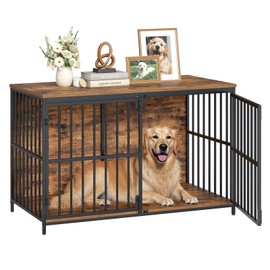 HOOBRO 46.5" Dog Crate Furniture, Wooden Indoor Dog Kennel, Decorative Dog Crate End Table, Chew-Resistant Heavy Duty Dog Crate for Large/Medium Dog, Rustic Brown and Black BF100GW03