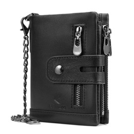 KLOMORE Chain Wallets for Men Leather, Zipper Wallet with Chain, RFID Blocking Bifold Mens Vintage Large Purse Credit Card Holder Gifts For Men