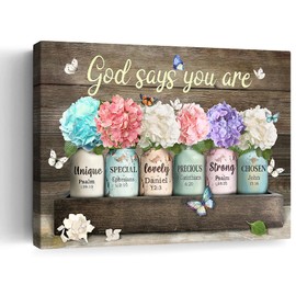 Farmhouse Inspirational Bible Verse Wall Art God Says You Are Motivational Scripture Quotes Wall Decor Rustic Flower Butterfly Canvas Print Framed Artwork for Bathroom Living Room Bedroom 12"x16"